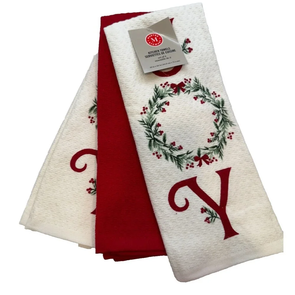 Martha Stewart Christmas Joy Dish Kitchen Towels Set of 3 White Red Wreath